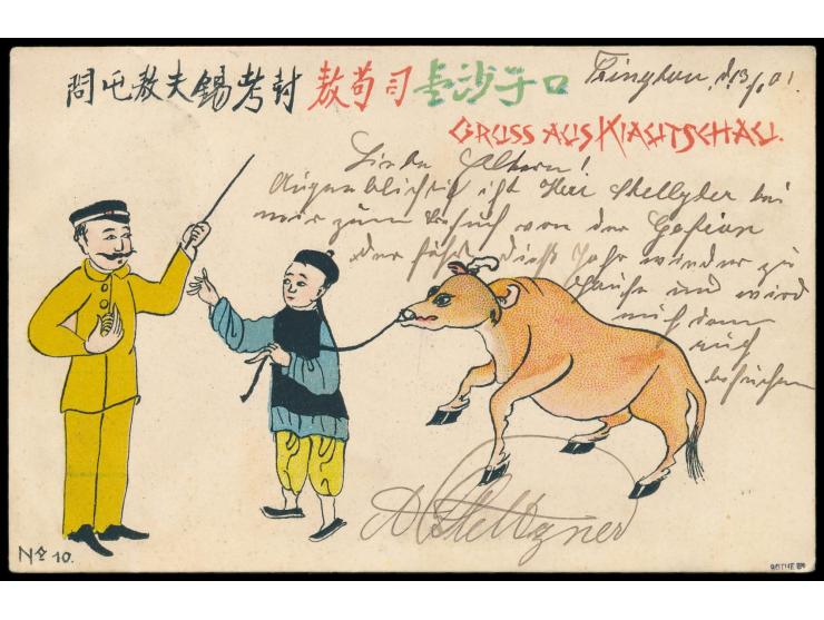 mehrfarbige Ansichtskarte &quot; Gruss aus Kiautschau&quot; &nbsp;mit Abb. eines Chinesen und einem deutschen Lehrmeister, Fr