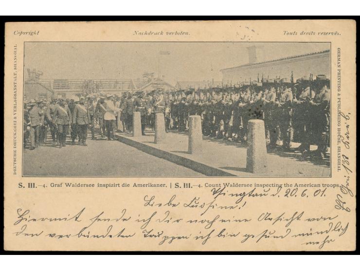 Stempel  Tsingtau  20.6.01 und violetter Briefstempel  Kaiserliche Marine / Kommando des I. Seebataillons  auf Ansichtskarte 