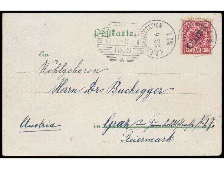 2 x Stempel  K. D. Feld-Poststation No. 1  28.6.01 in Kaumi auf mit D.P. in China 10 Pf. frankierter Ansichtskarte (Chinesisc