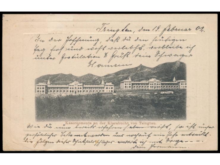 Ansichtskarte  Kasernements an der Klarabucht von Tsingtau  mit farblosem Prägedruck-Zierrand, Frankatur 5 Pf., Stempel  Tsin