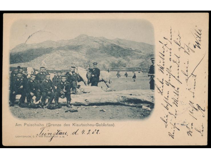 Ansichtskarte  "Am Paischaho (Grenze des Kiautschou-Gebietes)" , Frankatur 5 Pf., Stempel  Tsingtau  5.3.02, nach Braunschwei