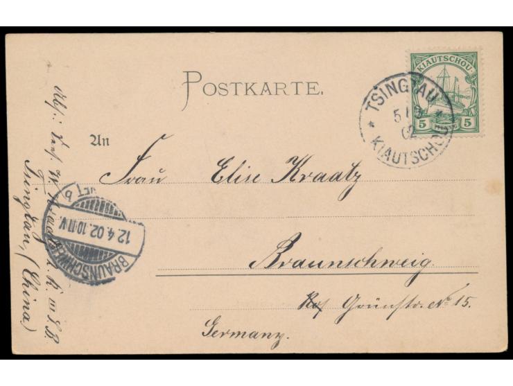 Ansichtskarte  "Am Paischaho (Grenze des Kiautschou-Gebietes)" , Frankatur 5 Pf., Stempel  Tsingtau  5.3.02, nach Braunschwei