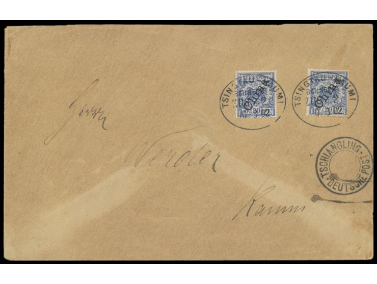 2 x Bahnpoststempel  Tsingtau - Kaumi  Zug 2 10.3.02 und Nebenstempel  Tschiangling DP  auf Brief mit 2 x 20 Pf. "China" Stei