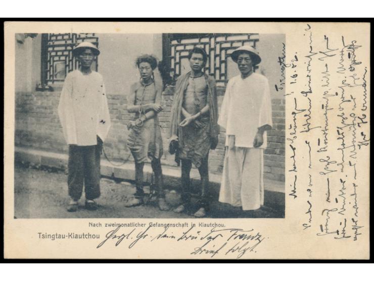 Ansichtskarte  "Nach zweimonatiger Gefangenschaft in Kiautschou",  Frankatur 5 Pf., Stempel  Tsingtau  3.6.02, nach Güstrow, 