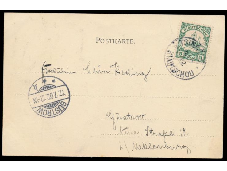 Ansichtskarte  "Nach zweimonatiger Gefangenschaft in Kiautschou",  Frankatur 5 Pf., Stempel  Tsingtau  3.6.02, nach Güstrow, 