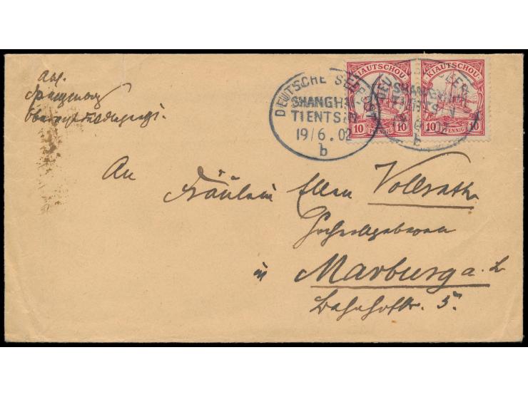 Stempel  Deutsche Seepost Shanghai - Tientsin b  19.6.02, zwei Abschläge auf Brief mit 2 x 10 Pf. nach Deutschland, Ankunftst
