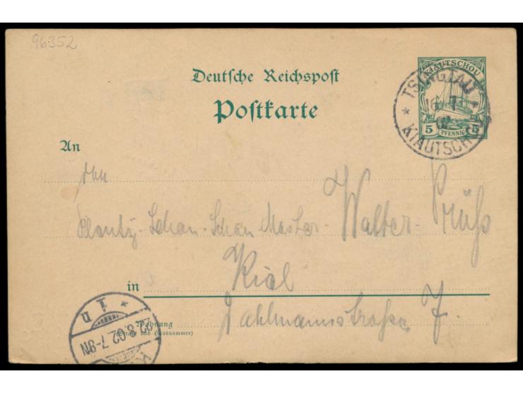 Ganzsache 5 Pf. mit rückseitig ganzflächiger mehrfarbiger  Tuschezeichnung,  Stempel  Tsingtau  16.7.02, nach Deutschland, An