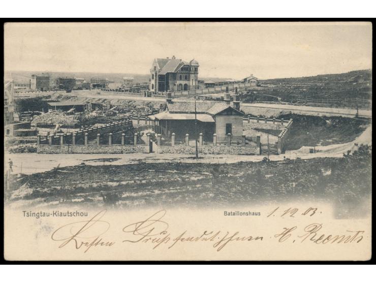 Ansichtskarte  Tsingtau - Bataillonshaus,  ohne Verlagangabe, Frankatur 5 Pf., Stempel  Tsingtau  4.2.03, nach Hannover, Beda