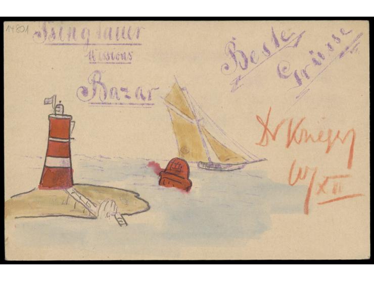 Ganzsache 5 Pf. mit rückseitig hektografiertem &nbsp;Bildzudruck &nbsp;&quot;Tsingtauer Missions Bazar&quot; mit Abb. Leuchtt