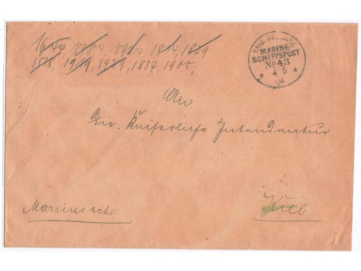 Stempel  MSP No. 43  4.5.04,  S.M.S. Fürst Bismarck,  während der Liegezeit in  Tsingtau,  Dienstbrief "Marinesache" mit rück