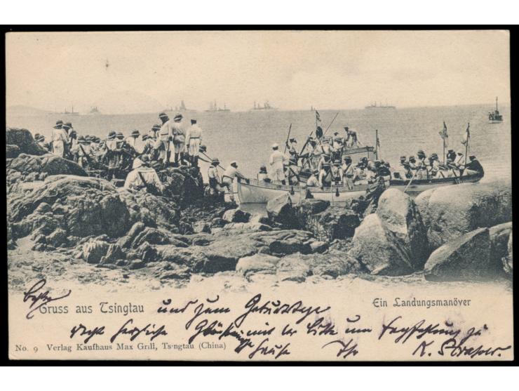 Ansichtskarte "Gruss aus Tsingtau - Ein Landungsmanöver" , Verlag Max Grill, Tsingtau, Frankatur 5 Pf., Stempel Tsingtau 24.5