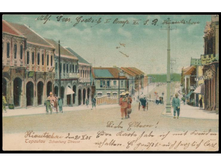 mehrfarbige Ansichtskarte  Tapautau - Schantung Strasse,  Frankatur 5 Pf., Bahnpoststempel  Tsingtau - Tsinanfu  Zug 2 22.9.0