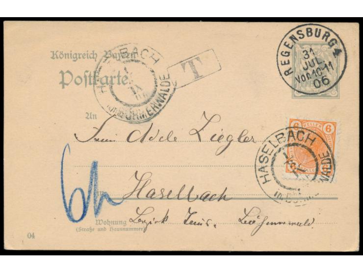 Bayern-Ganzsache  2  Pf. mit Stempel Regensburg 31.7.06 nach Haselbach, unterfrankiert, T-Stempel, handschriftlich Nachgebühr
