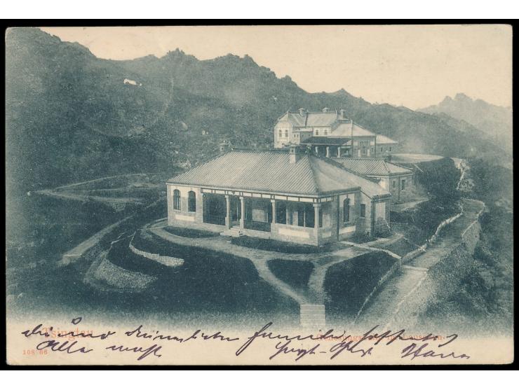 Ansichtskarte  Genesungsheim im Lauschan,  Verlag von E. Wagner, Tsingtau, Frankatur 2 C. (Tintenflecke), Gitterstempel Tsing