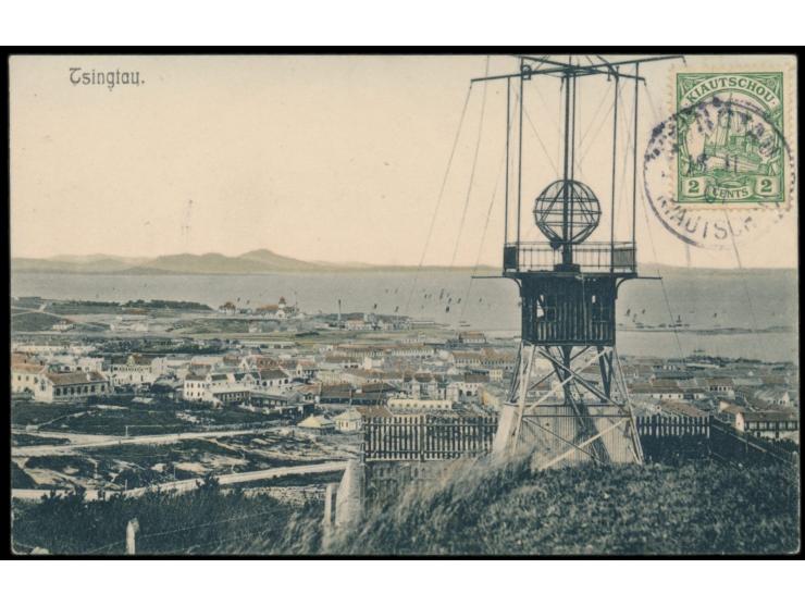 2 C. bildseitig auf Panorama-Ansichtskarte, Verlag Robert Claus, Dresden, Stempel Tsingtau 15.11.07, als Ortskarte an einen M