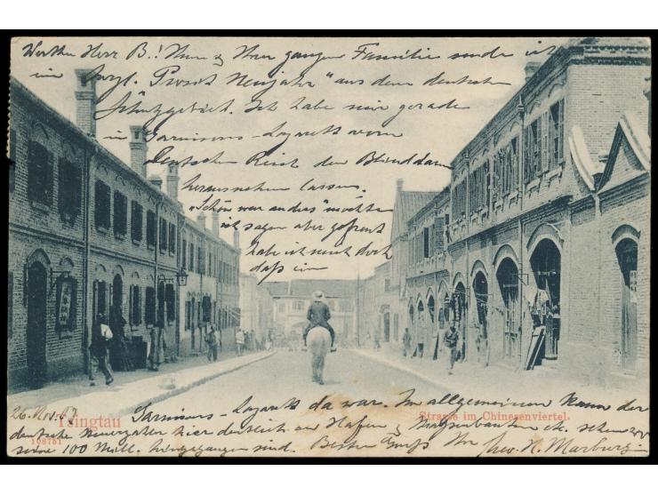2 C. auf Ansichtskarte  Tsingtau - Strasse im Chinesenviertel,  Verlag von E. Wagner, Tsingtau, Gitterstempel Tsingtau c 26.1