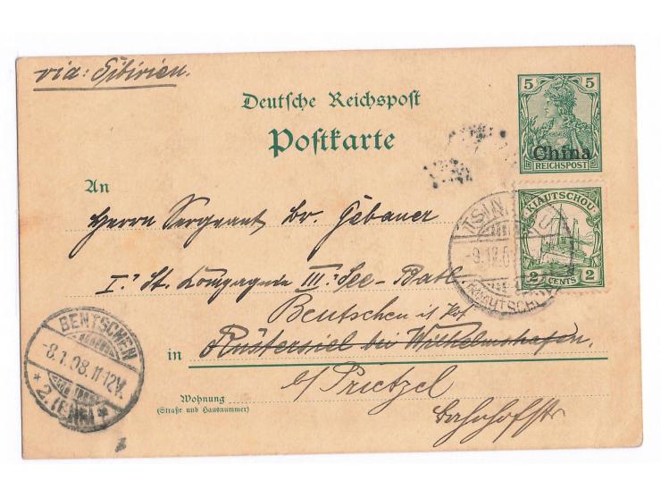 2 C. auf ungültiger Ganzsache der Dt. Post in China 5 Pf., Gitterstempel Tsingtau c 9.12.07, nach Rüstersiel, nachgesandt nac