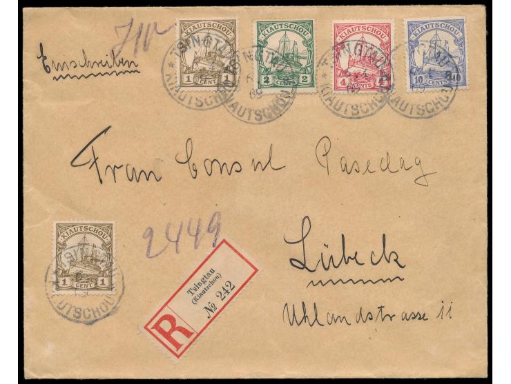 Einschreibbrief  2. Gewicht (21 bis 250 g), dekorative 18 C.-Mischfrankatur, Stempel  Tsingtau a  6.4.09, R-Zettel Einfeldt N