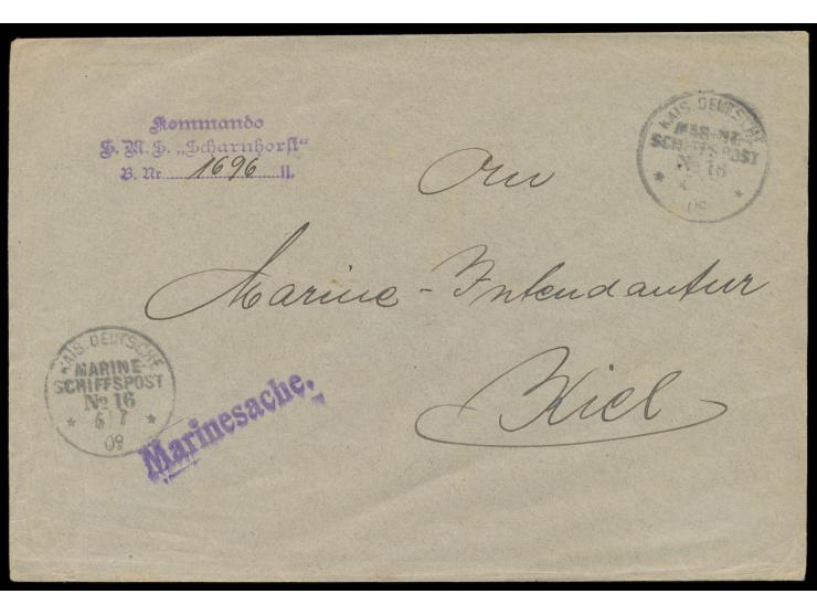 Stempel  MSP No. 16  6.7.09,  S.M.S. Scharnhorst  während der Liegezeit in  Tsingtau,  zwei Abschläge auf Dienstbrief "Marine