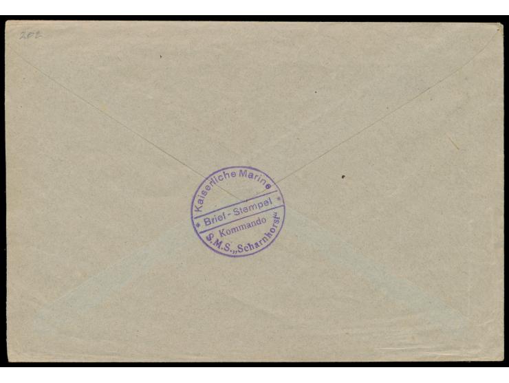 Stempel  MSP No. 16  6.7.09,  S.M.S. Scharnhorst  während der Liegezeit in  Tsingtau,  zwei Abschläge auf Dienstbrief "Marine