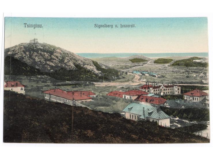 kolorierte Ansichtskarte  Tsingtau - Signalberg u. Lazarett,  Verlag Robert Claus, Dresden, ungebraucht, ca. 1910
Stichwort: 