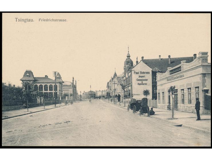 Ansichtskarte  Tsingtau - Friedrichstrasse  (mit Hotel Kiautschou), ohne Verlag-Angabe, ungebraucht, ca. 1910
Stichwort: Ansi