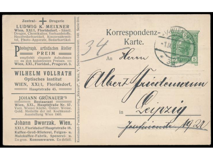 Anzeigenganzsache  5 H. mit vorderseitig 5 und rückseitig 7 Anzeigen Wiener Firmen, Kontinent-Postkartenverlag "Rekord",  Wie