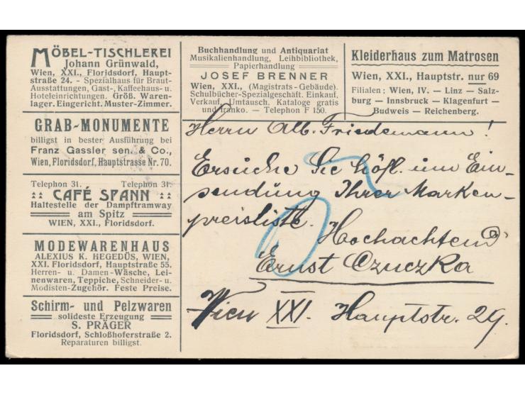 Anzeigenganzsache  5 H. mit vorderseitig 5 und rückseitig 7 Anzeigen Wiener Firmen, Kontinent-Postkartenverlag "Rekord",  Wie