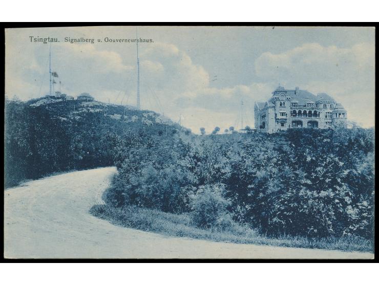 Ansichtskarte  Tsingtau - Signalberg u. Gouverneurshaus,  Frankatur 2 C., Gitterstempel Tsingtau c 29.9.10, nach Bremen, Beda