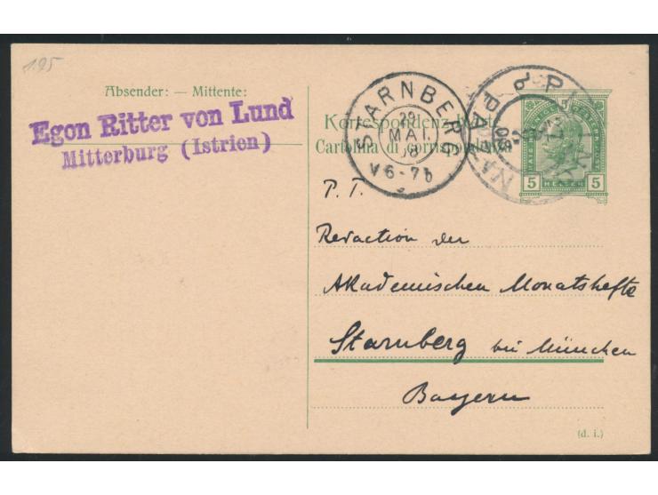 Ganzsache 5 h. mit Stempel Pising / Pazin 27.5.08 nach Starnberg, Absenderstempel &nbsp;Egon Ritter von Lund &nbsp;Mitterburg
