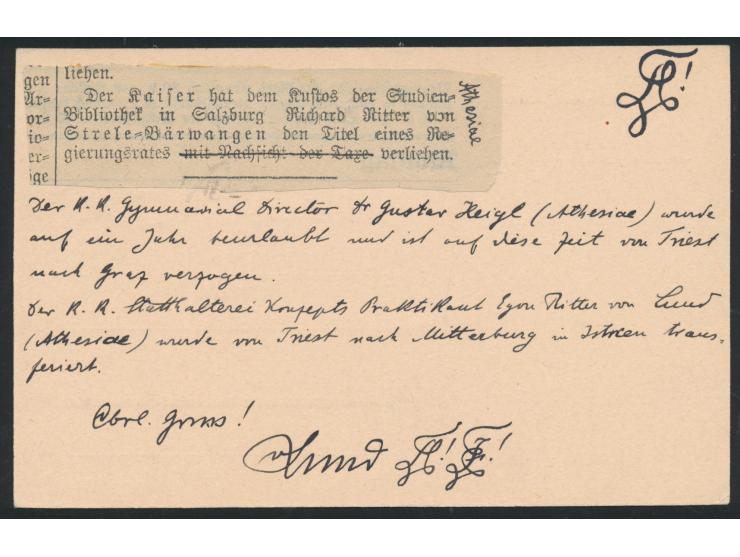 Ganzsache 5 h. mit Stempel Pising / Pazin 27.5.08 nach Starnberg, Absenderstempel &nbsp;Egon Ritter von Lund &nbsp;Mitterburg