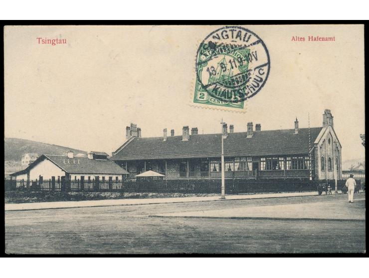2 C. bildseitig auf Ansichtskarte  Tsingtau - Altes Hafenamt,  Verlag Max Gill,  Gitterstempel Tsingtau c 18.9.11, Ortskarte,