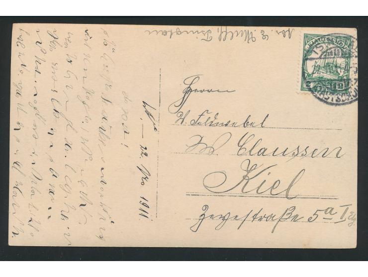 Foto-AK Soldatengruppe,  Privataufnahme,  Frankatur 2 C., Gitterstempel Tsingtau c 22.11.11, nach Kiel, Bedarf
Stichwort: Ans