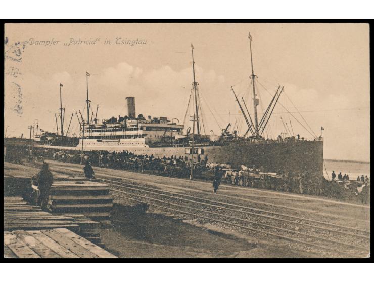 Ansichtskarte  Dampfer "Patricia" in Tsingtau,  Verlag Paul Lindner, Tsingtau, Friedrichstrasse, Frankatur 2 C., Gitterstempe