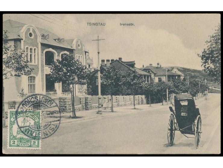 2 C. bildseitig auf Ansichtskarte  Tsingtau - Irenestr.,  Verlag Max Grill, Gitterstempel Tsingtau c 30.3.12, nach Mühlfort b