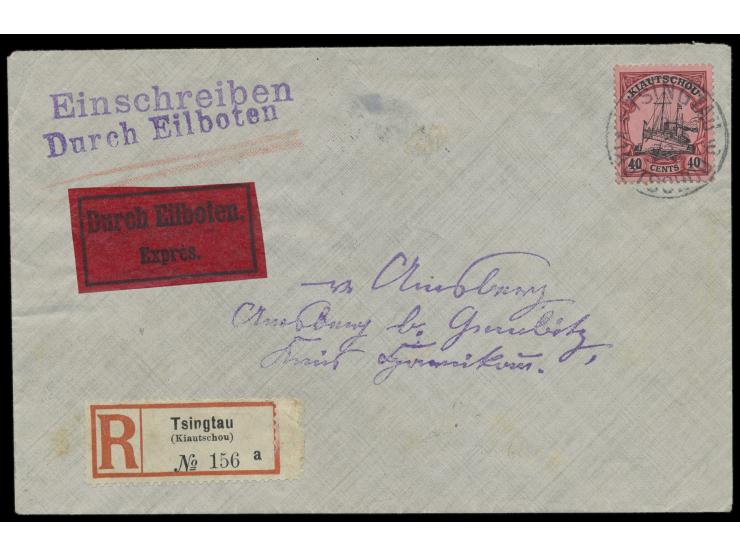Einzelfrankatur 40 C. auf  Eilboten-Einschreibbrief  nach Deutschland, Stempel  Tsingtau a  13.6.1912, R-Zettel mit UB a, Ein