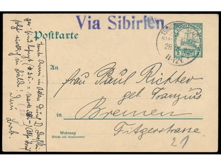 Stempel  Tsingtau-Gr.Hafen  28.10.12 auf Ganzsache 2 C. nach Bremen, großer  Leitstempel "Via Sibirien",  Bedarf
