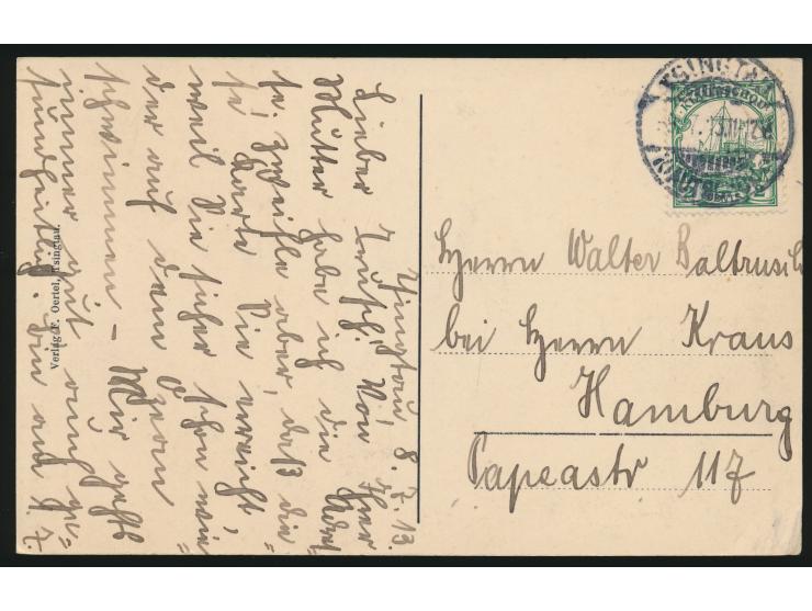 Ansichtskarte  Tsingtau - Irenestraße,  Verlag F. Oertel, Tsingtau, Frankatur 2 C., Stempel Tsingtau c 9.7.13, nach Hamburg
