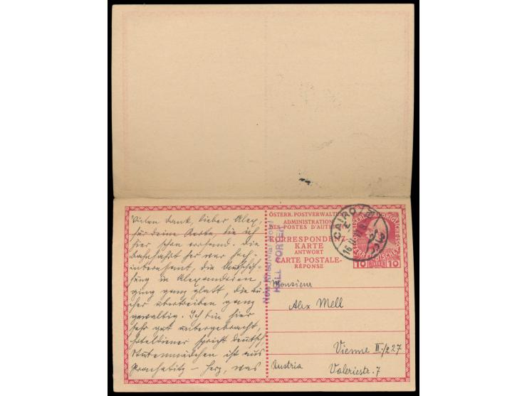 Ganzsachen-Doppelkarte 10 h (Ausgabe 1908) mit Stempel Wien 10.2.11 &nbsp;nach Ägypten, &nbsp;Ankunftstempel &nbsp;Port Said 