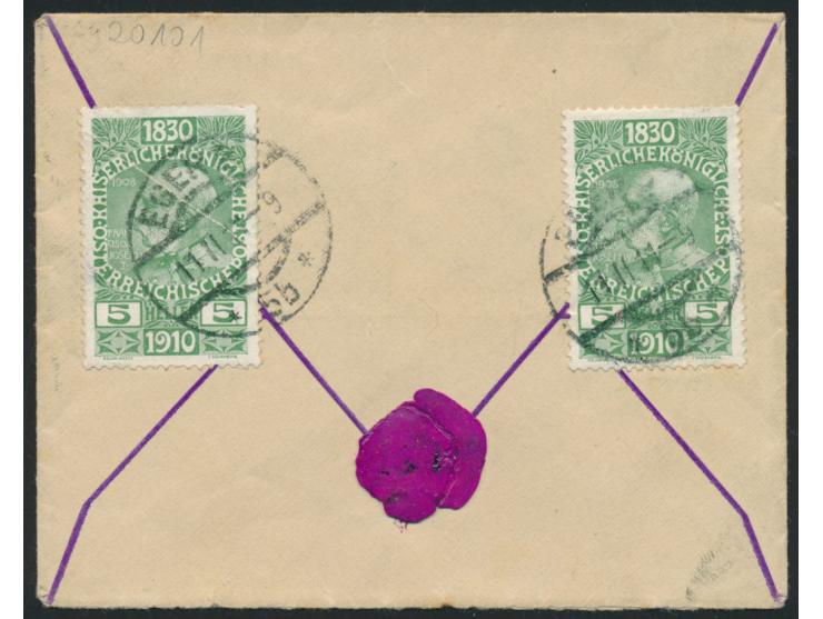 2 x 5 H. "80. Geburtstag Kaiser Franz Joseph" rückseitig auf Brief mit Stempel Eger 2 11.2.11 nach Dresden, handschriftlich N