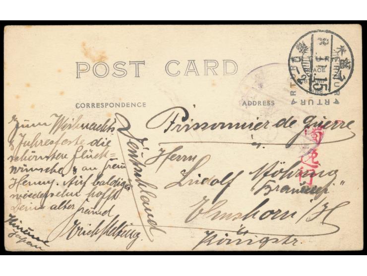 Kurume,  Foto-Ansichtskarte mit seltener Innenansicht des Lagers (Zaun, Baracken), undeutlicher Lagerstempel, roter Postleits