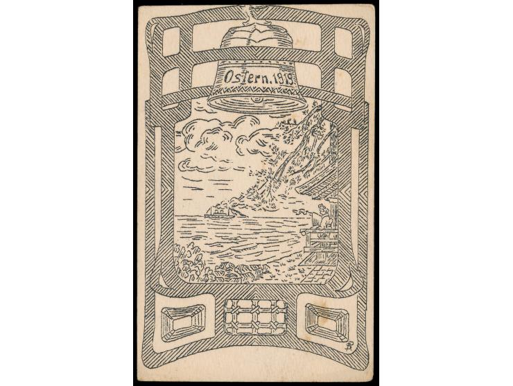 Nagoya,  Bildkarte  Ostern 1919  mit Abb. einer Osterglocke mit Zierrahmen und Küstenlandschaft, Seitz-Handbuch Abb. 42 d., u