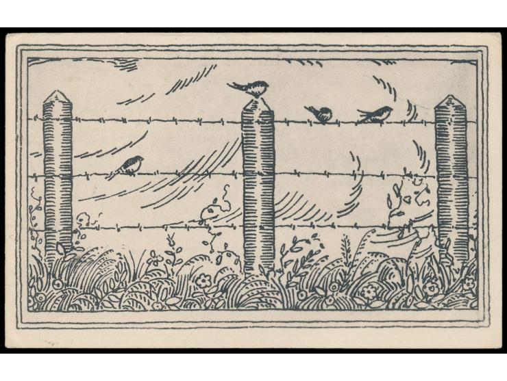 Ninoshima,  Vordruckkarte "Service des Prisonniers de Guerre" mit rückseitigem   Bild "Vögel auf Stacheldrahtzaun"  aus der L