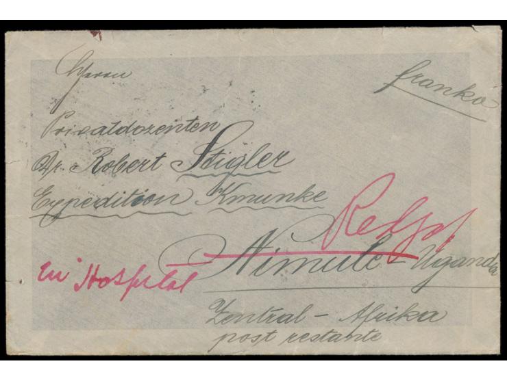 5 H. und 2 x 10 H. rückseitig auf Brief mit Stempel Wien 15.1.12  nach Nimule in Uganda,  Durchgangsstempel Shellal - Halfa T