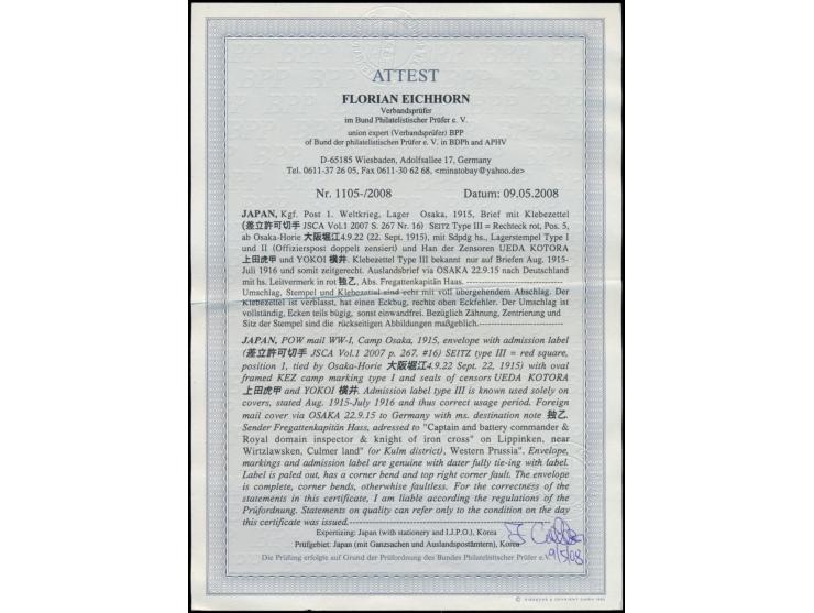 Osaka, &nbsp;Briefumschlag mit gezähntem &nbsp;Klebezettel mit rechteckigem Lagersiegel &nbsp;in rot (Seitz Type III) nach De