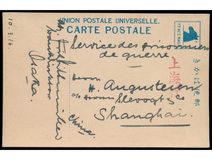 Osaka,  Foto-Ansichtskarte (Gruppenaufnahme von 9 Personen) adressiert nach Shanghai, geschrieben am 10.3.1916, roter  Leitst