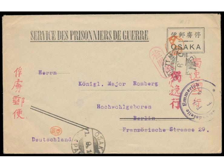 Osaka,  Ganzsachenumschlag (Type II) nach Berlin, roter Einzelstempel Kenetsuzumi und roter Leitstempel Doitsu, zwei orangene