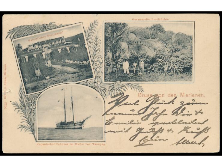 Dreibild-Ansichtskarte &nbsp;&quot;Gruss von den Marianen&quot;: &nbsp;Japanischer Schoner im Hafen von Tanapag / Kaiserliche