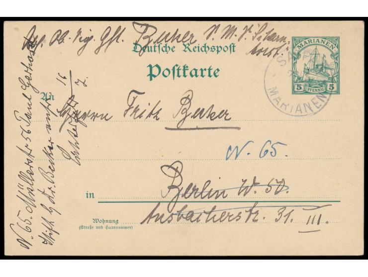 Ganzsache 5 Pf. mit Stempel  Saipan  28.5.09 nach Berlin, vorderseitige Absenderangabe "Ob. Sig. Gst. Becker,  S.M.S. Scharnh