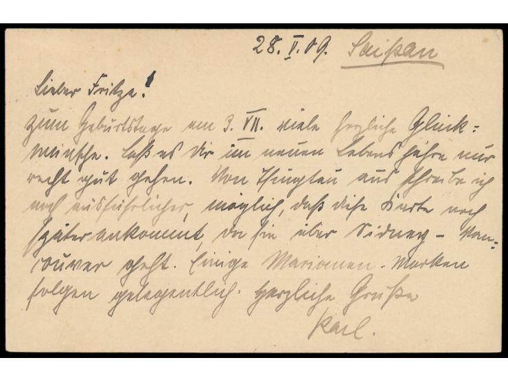 Ganzsache 5 Pf. mit Stempel  Saipan  28.5.09 nach Berlin, vorderseitige Absenderangabe "Ob. Sig. Gst. Becker,  S.M.S. Scharnh